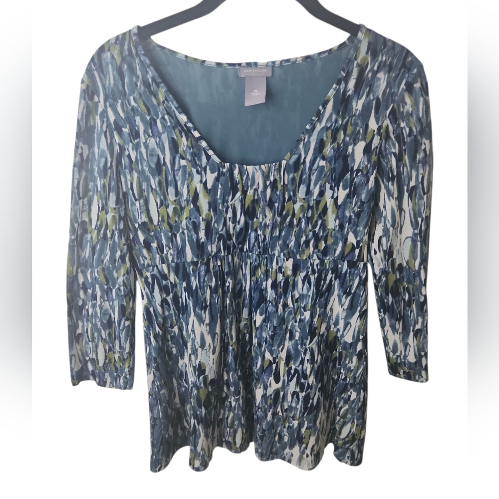 Ann Taylor Women's Blue/Green Abstract Print BabyDoll 3/4 Sleeve Blouse Size XS
